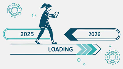 Illustration of a woman transitioning from 2025 to 2026 with a loading bar and gears in the background
