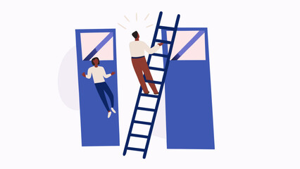 Man climbing a ladder between two blue buildings with another person in the building on the left