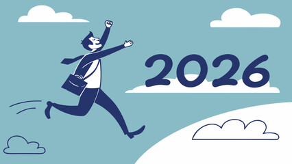 Illustration of a running man with a briefcase celebrating the year twenty twenty six in a blue sky scene