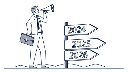 Man in suit with briefcase shouting into megaphone next to signpost with years pointing ahead