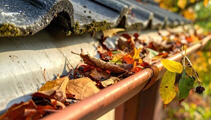 A house rain gutter overflowing with colorful fallen autumn leaves, highlighting the essential seasonal task of home maintenance and proactive gutter cleaning