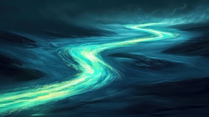 Mystical river flowing through a stormy landscape nature scene digital art dark environment surreal viewpoint