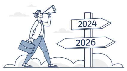 Man with briefcase using megaphone looking at signpost with years in the future on a cloudy day