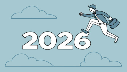A businessman stepping over the year 2026 with clouds in the background carrying a briefcase