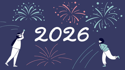 Illustration of two people celebrating new year 2026 with fireworks on a dark blue background color