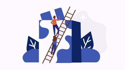 Teamwork illustration showing two people climbing a ladder to complete a puzzle together