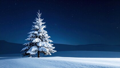 Serene Winter Landscape at Night with Snow-Covered Fir Tree Under Starry Sky
