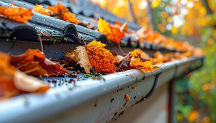 Close-up of a house roof gutter filled with a vibrant assortment of colorful autumn leaves, signifying seasonal debris accumulation and necessary home maintenance