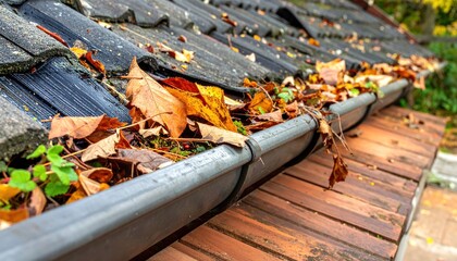 Seasonal problem of a blocked roof gutter filled with vibrant autumn foliage, requiring cleaning before winter