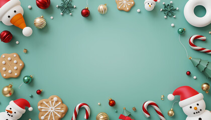 A festive Christmas frame adorned with cheerful snowmen, gingerbread cookies, candy canes, ornaments, and snowflakes on a teal background.