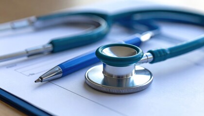 Close-up of a blue stethoscope and pen resting on a medical clipboard, symbolizing a health check-up and patient diagnosis