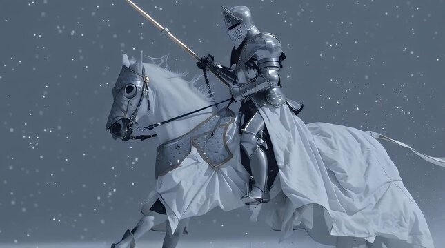 Knight in Shining Armor Riding Horse in Snowy Landscape with ai generated