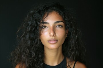 Attractive woman with wavy dark hair, light brown eyes, and full lips wearing a black tank top, looking directly at the camera. Beauty, confidence, and natural elegance in a close-up portrait.