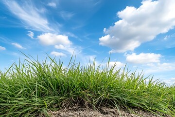 Fototapeta premium Lush Green Grass Under Bright Blue Sky with Fluffy White Clouds on a Sunny Day