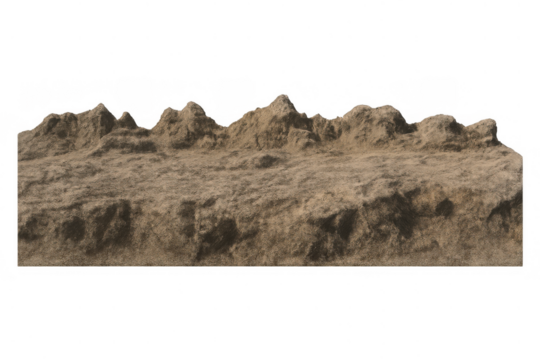 Cross section of brown soil and dirt showing earth layers, rough ground texture, isolated on transparent background