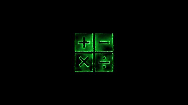 Green glowing calculator symbols plus minus multiply divide on black background math mathematics