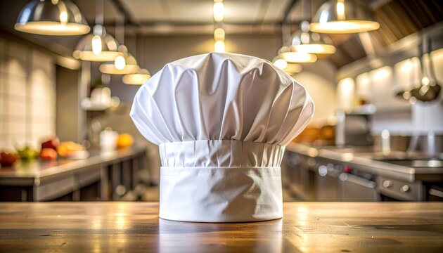 Chef's Hat on a Wooden Table in a Professional Kitchen Environment, Culinary Concept