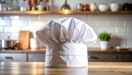 A pristine white chef's hat sits on a wooden counter, symbolizing the passion and art of professional cooking in a modern kitchen
