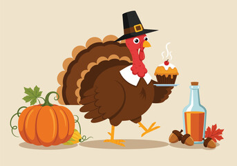 Cute Thanksgiving Turkey Character Holding Cupcake
