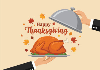 Happy Thanksgiving Roasted Turkey Serving Vector Illustration
