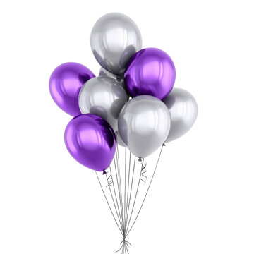 Group Of Shiny Purple And Silver Balloons Floating Together Against A Transparent Background