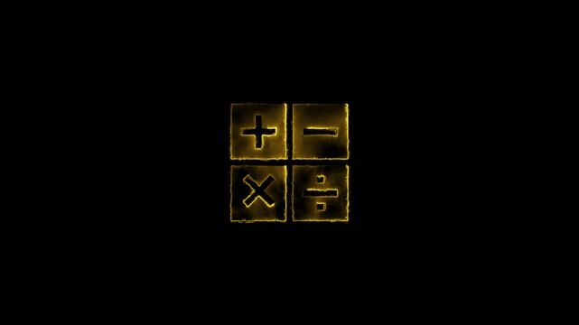 Golden glowing calculator symbols plus minus multiply divide on black background math mathematics
