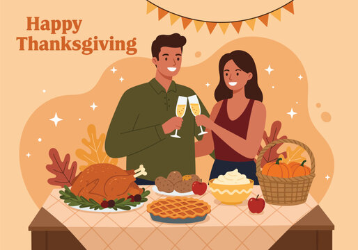 Happy Thanksgiving Couple Toasting Dinner Turkey Pie Pumpkin Flat Vector - Powered by Adobe