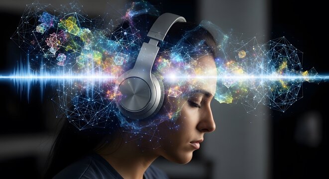 A young woman with closed eyes listening to music, visualizing sound waves as a cosmic nebula and glowing neural network