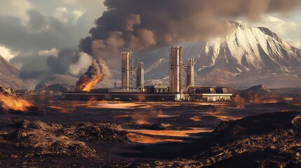 Industrial base under eruption volcanic landscape digital art post-apocalyptic setting bird's eye view