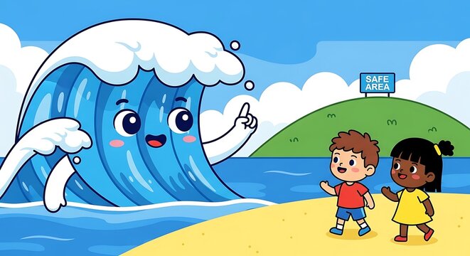 Educational Illustration of a Tsunami Wave Guiding Children to a Safe Evacuation Zone on a Hill