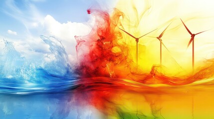 Dynamic energy transformation wind turbines amidst colorful nature digital artwork vibrant environment aerial view renewable concept