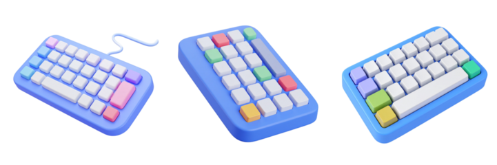 Isometric View of Three Colorful Keyboards with Transparent Background