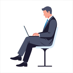 A man in a suit sits on a chair while working on a laptop.