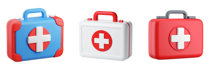 Obraz premium Three Medical Kits Of Varying Colors And Designs With A White Cross Symbol Representing Health Care And Emergency Assistance On Transparent Background