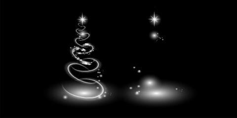 Illumination Lights Shiny Christmas tree Isolated on Transparent Background. White tree as symbol of Happy New Year, Merry Christmas holiday celebration. Bright light decoration design.