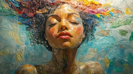 Emotional portrait of a young woman creative studio digital art colorful abstract close-up view inner peace concept