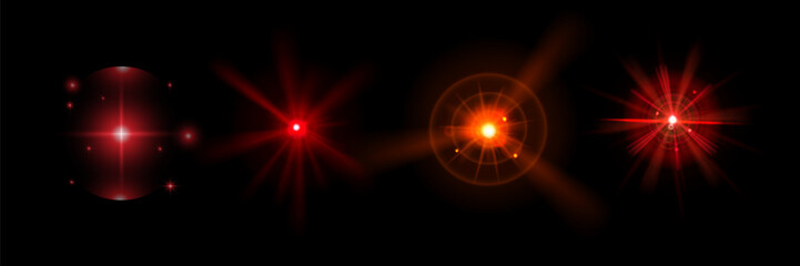 Red light effect reflections, neon illumination in red colors. Bright light lens. Police light effects, lines. Shiny stars, glowing sparks on a black background.
