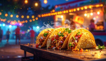 Delectable Steaming Tacos Served Fresh from a Food Truck at a Bustling Night Market, Illuminating the Vibrant Street Food Scene with Festive Lights and Culinary Delights