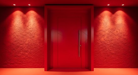 Large red door entrance to the meeting room in a red wall , Red wall texture in hall with modern red door. colorful gate in room