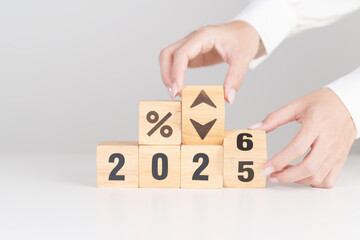 2025 to 2026 New year with percentage change to UP and Down arrow. Interest rate, GDP, stocks market, financial, deflation and Inflation, mortgage, debt, Loan and Economic Recession