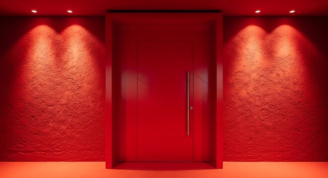 Large red door entrance to the meeting room in a red wall , Red wall texture in hall with modern red door. colorful gate in room - Powered by Adobe