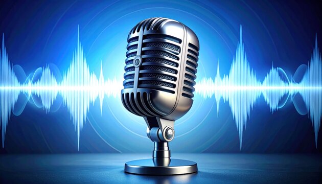 Classic silver studio microphone set against a vibrant blue background with glowing digital soundwaves, symbolizing the power of voice and audio technology