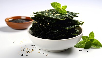 Crispy seaweed snacks in a white bowl, garnished with mint, perfect for a healthy treat