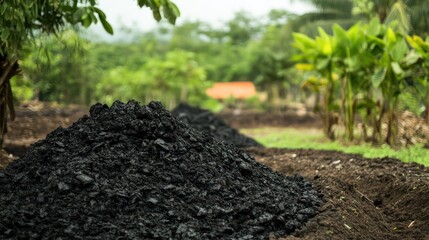 Farming practices in tropical landscapes compost piles in agricultural fields sustainable gardening lush environment ground level view