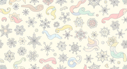 A decorative seamless winter pattern with intricate grey snowflakes and whimsical pastel ribbons on a light background.