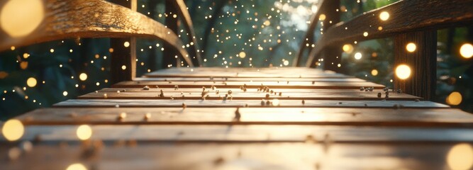 Explore a wooden bridge leading into a magical golden forest filled with shimmering lights and enchanting ambiance