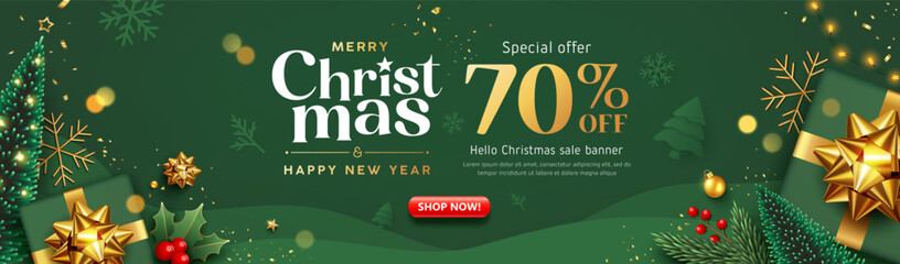 Merry christmas and Happy new year sale, gift box and ornaments banner design on green background
