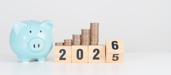 2025 end year to Happy New Year 2026 with piggy bank. Resolution, Goals, Plan, Action, Money...