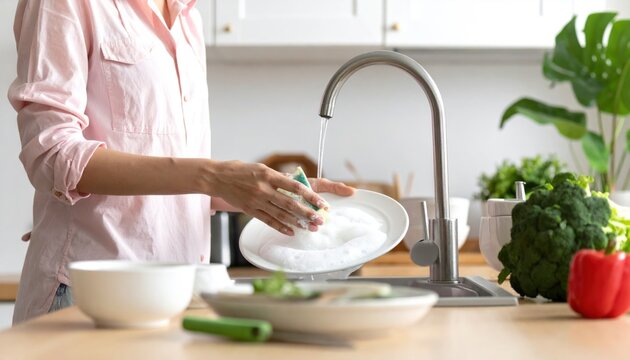 Woman washing a plate with a soapy sponge under running water from the faucet in a modern kitchen, a daily household chore