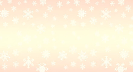Fototapeta premium A soft, warm-toned winter background with a pink and yellow gradient featuring delicate, falling snowflakes.
